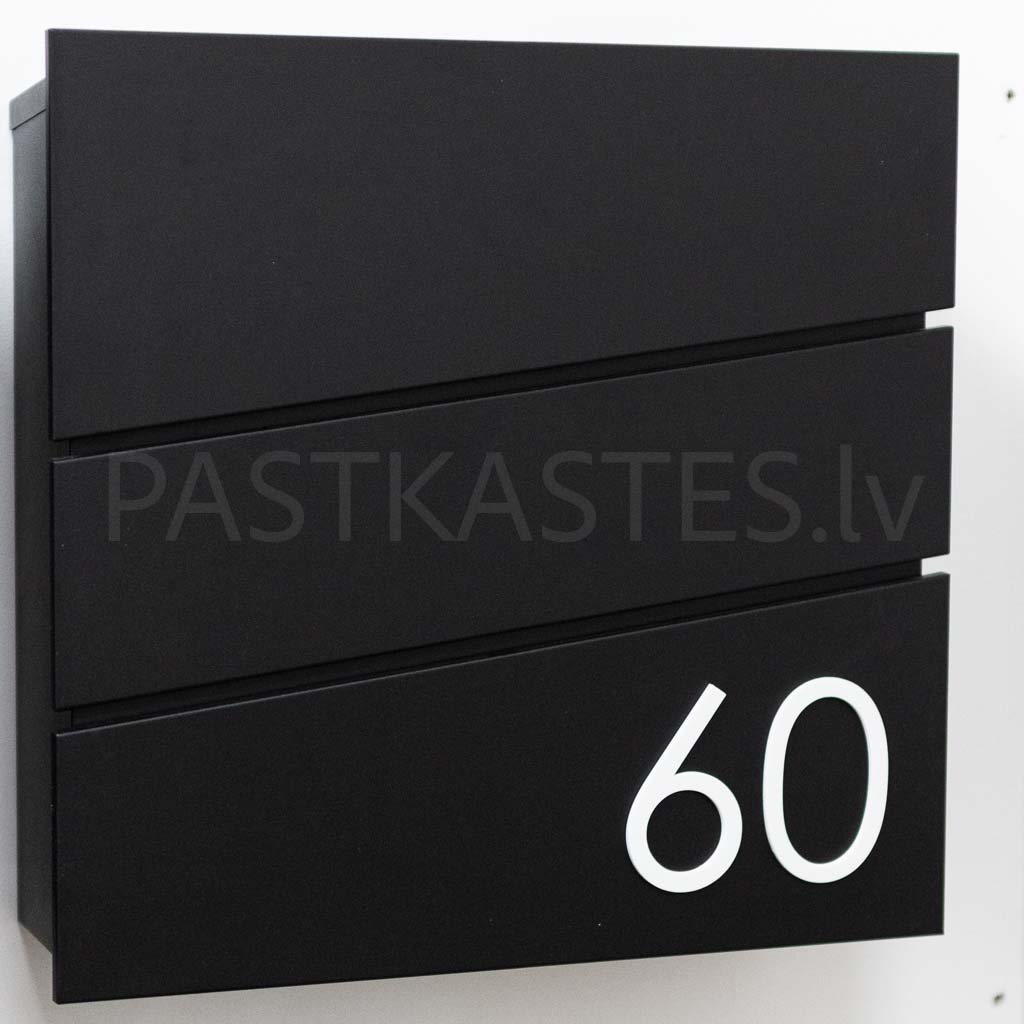 Black line - 1 āra pastkastīte ar pielīmētiem cipariem 6 un 0 kā piemērs ielas numuram.
